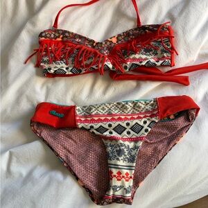 Maaji Red and Multicolor Reversible Fringe Bikini Set